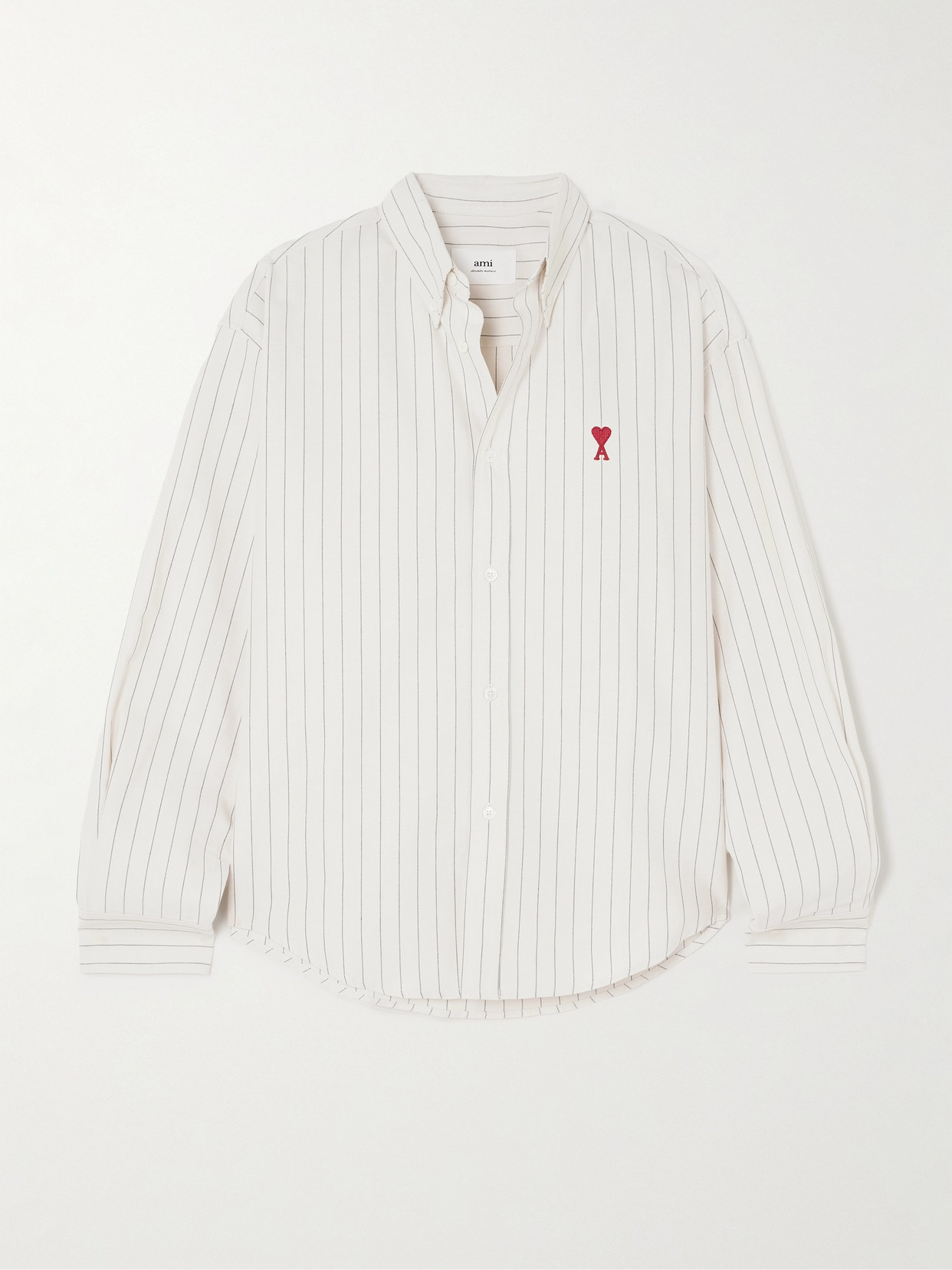 AMI PARIS - Embroidered Striped Cotton Oxford Shirt - Gray