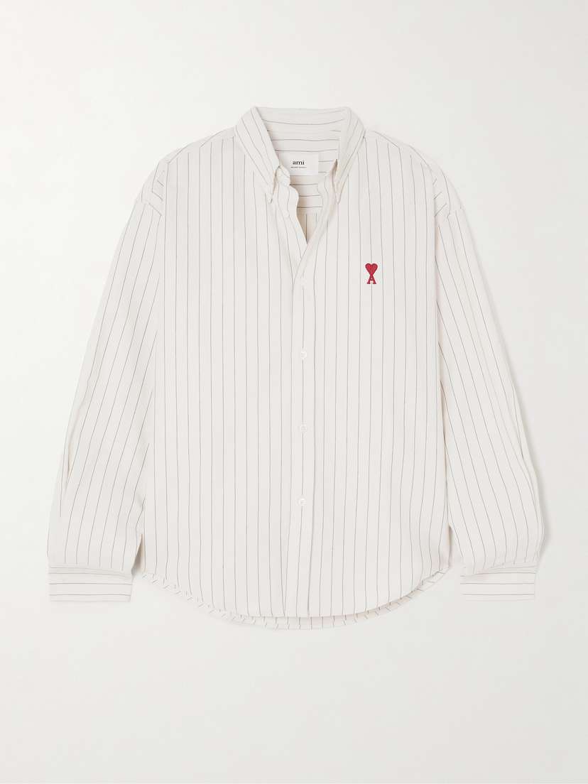AMI PARIS Embroidered Striped Cotton Oxford Shirt