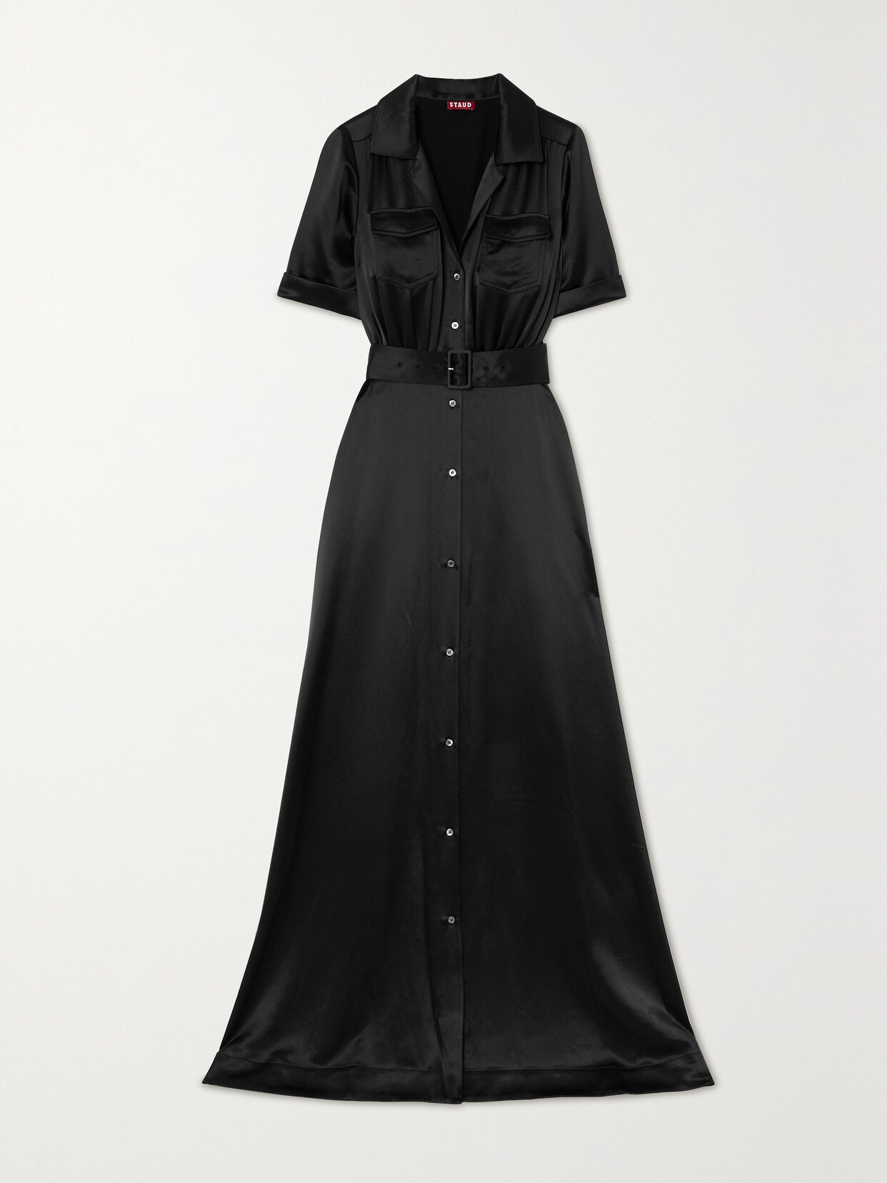 Shop Staud Millie Belted Satin Maxi Shirt Dress In Black