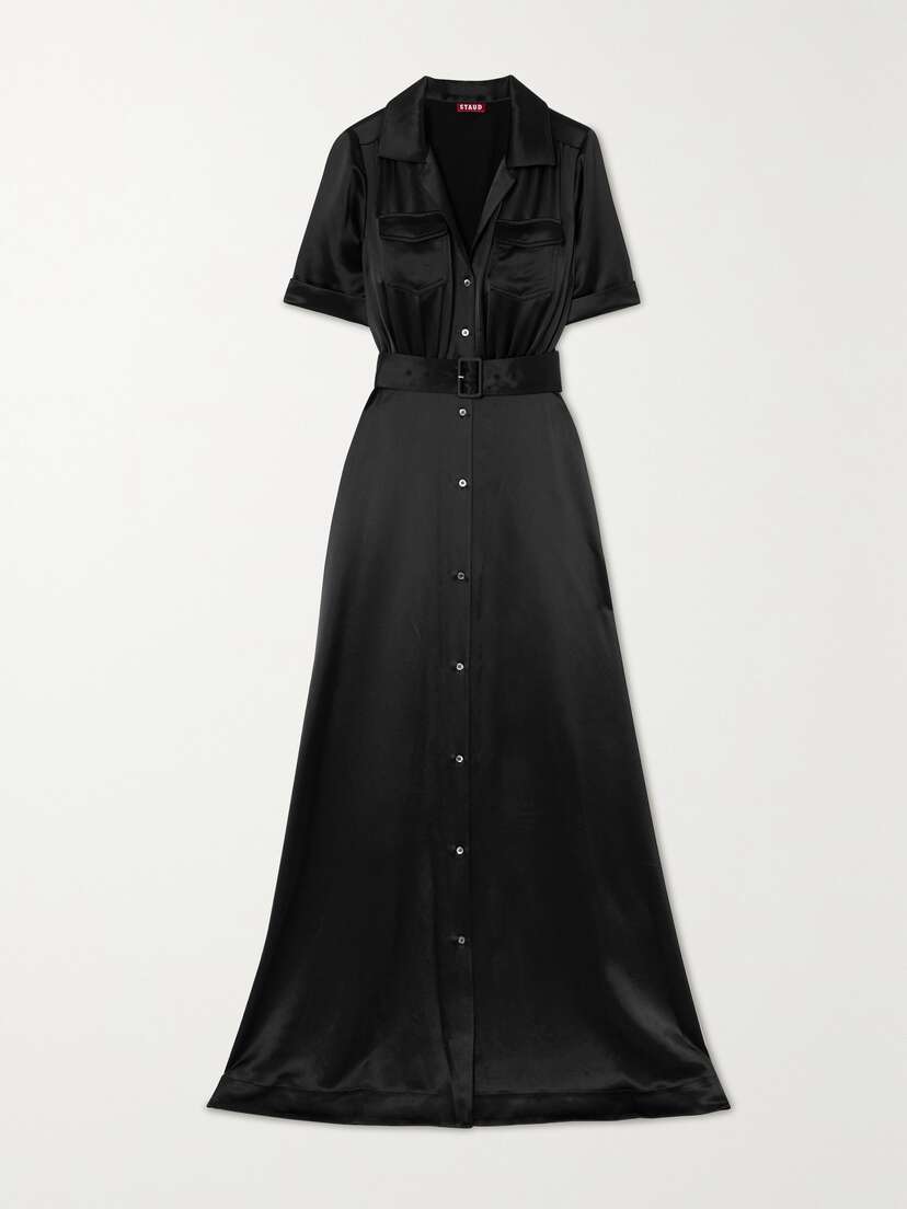 Staud Millie Belted Satin Maxi Shirt Dress