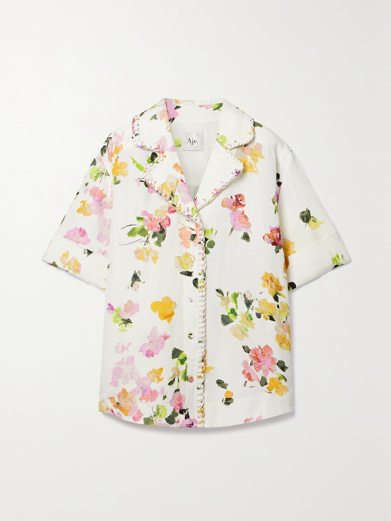 Aje Constance Whipstitched Floral-print Linen-blend Shirt In Pink