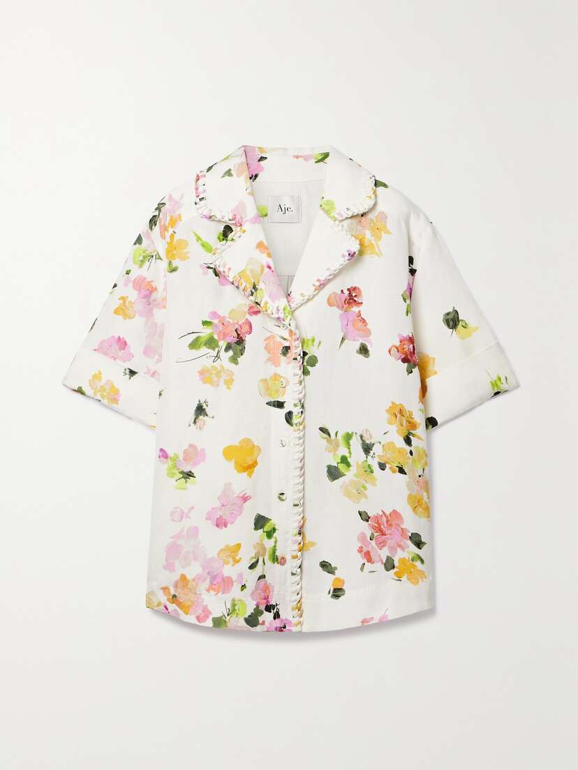 Aje Constance Whipstitched Floral-print Linen-blend Shirt - UK 16