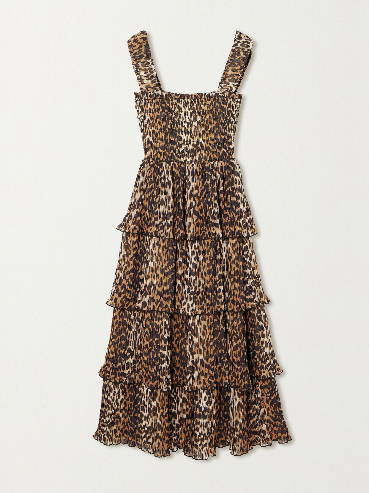 Shop Ganni + Net Sustain Pleated Smocked Leopard-print Recycled-georgette Midi Dress In Animal Print