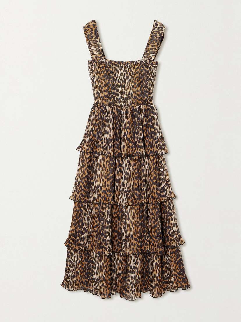 Ganni + Net Sustain Pleated Smocked Leopard-print Recycled-georgette Midi Dress - EU 44