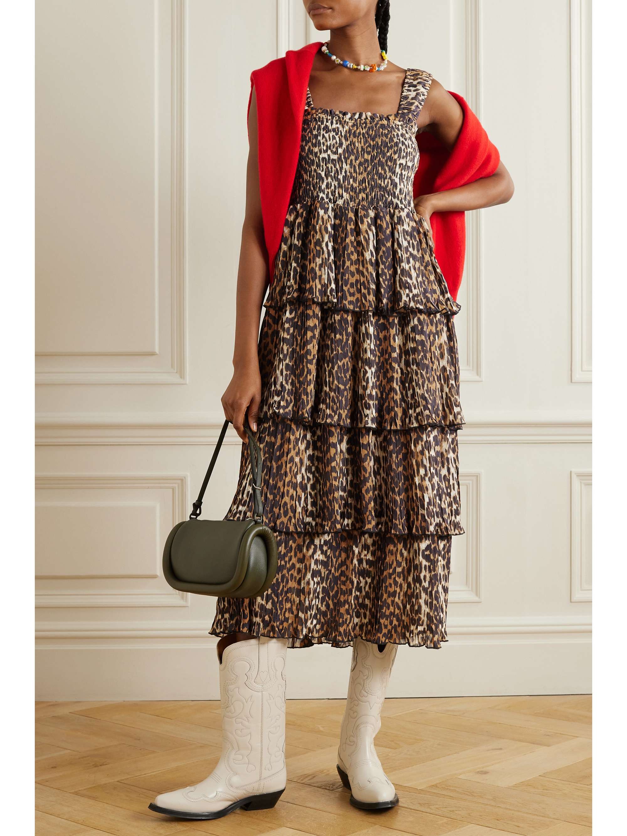 NET SUSTAIN pleated smocked leopard print recycled georgette midi dress leopard print EU 34
