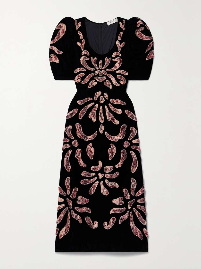 Sea Veda Appliquéd And Embroidered Velvet Midi Dress