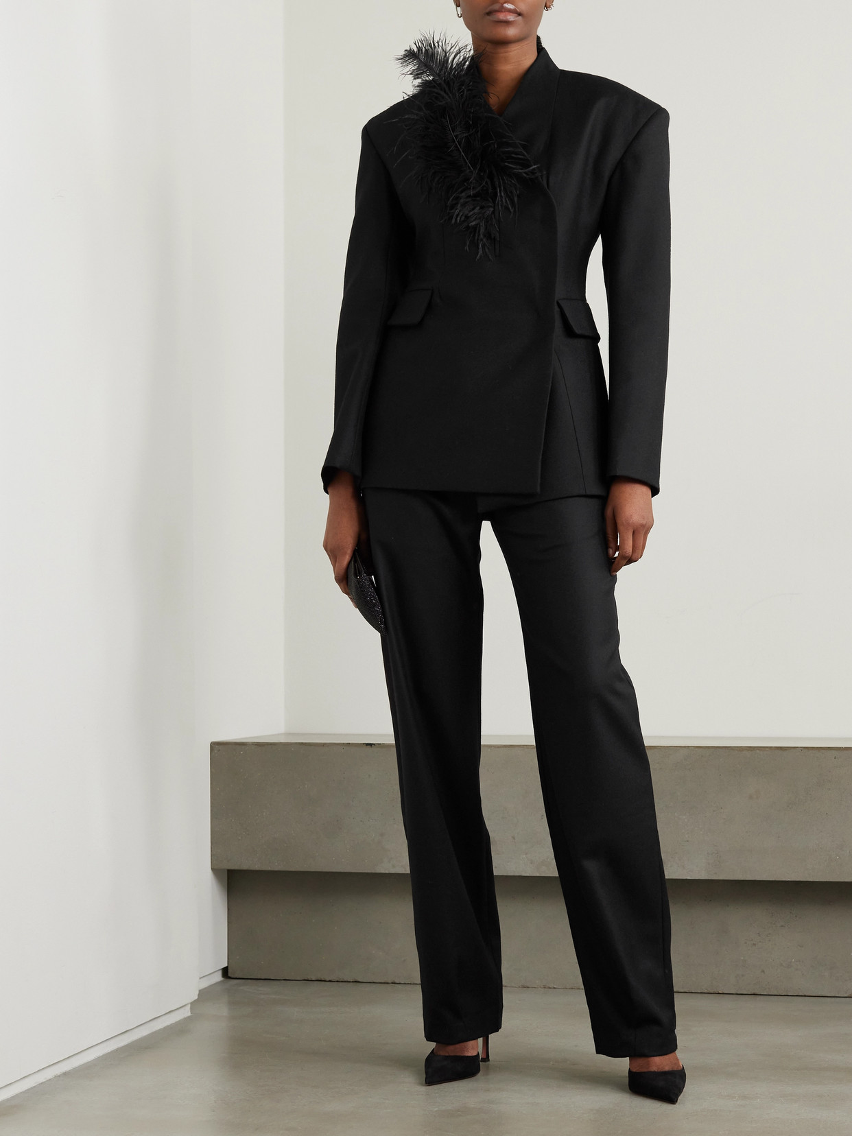 16arlington Ram Feather-trimmed Wool-twill Blazer In Black