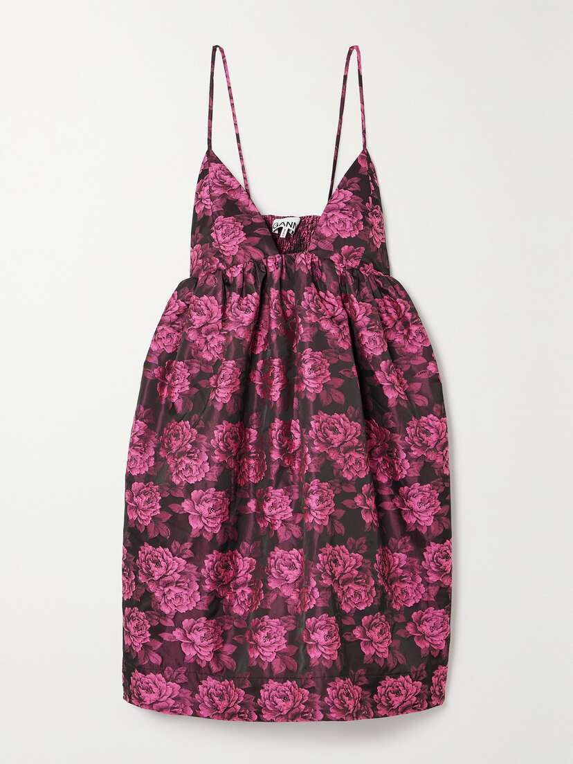 Ganni + Net Sustain Gathered Recycled-jacquard Mini Dress