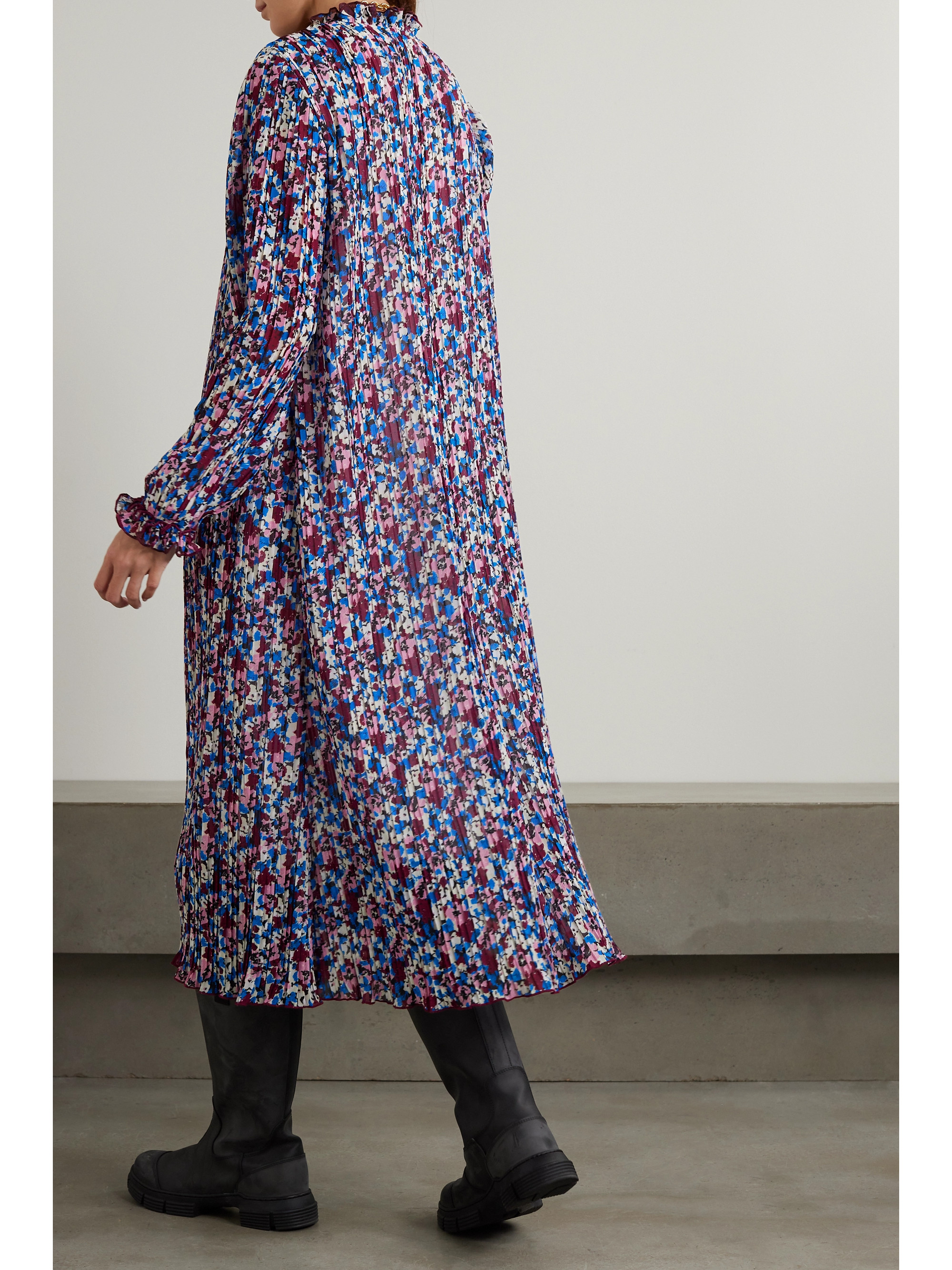 GANNI + NET SUSTAIN ruffled pleated floral-print recycled-georgette midi dress