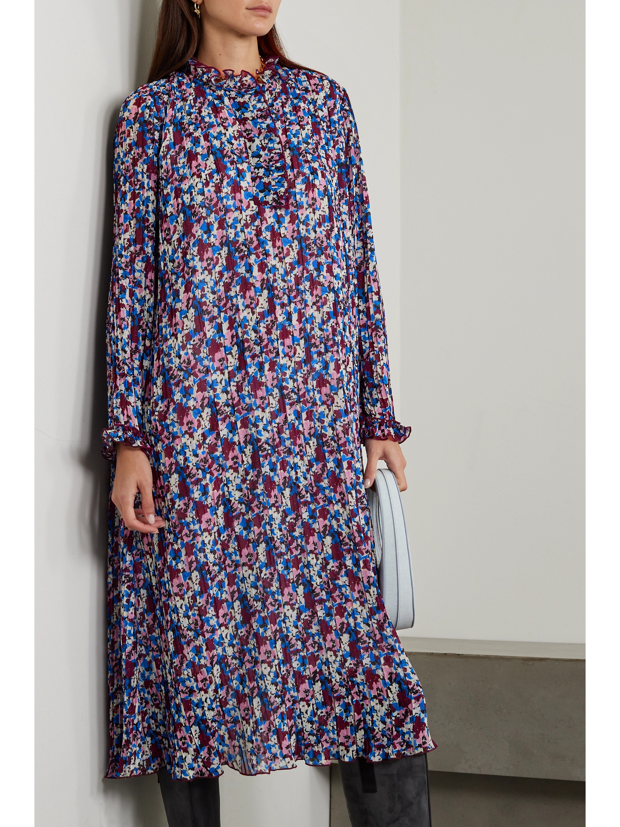 GANNI + NET SUSTAIN ruffled pleated floral-print recycled-georgette midi dress