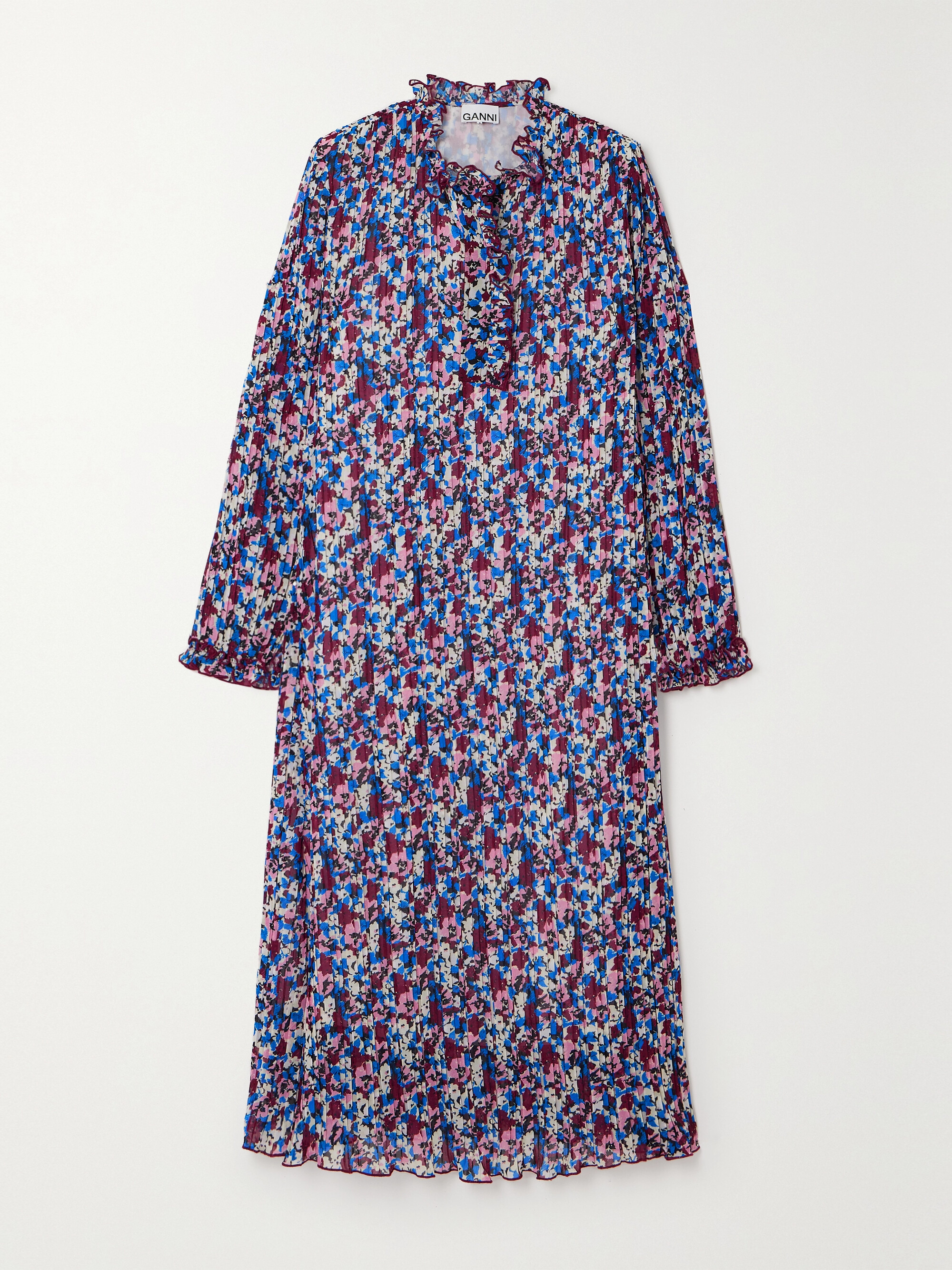 GANNI + NET SUSTAIN ruffled pleated floral-print recycled-georgette midi dress