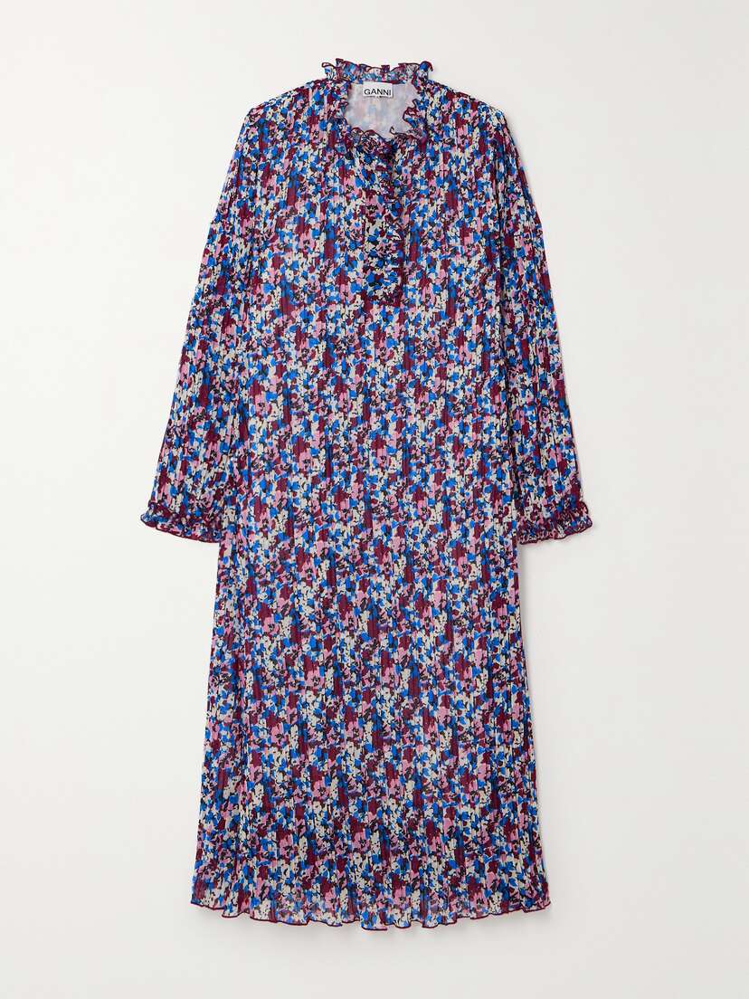 Ganni + Net Sustain Ruffled Pleated Floral-print Recycled-georgette Midi Dress