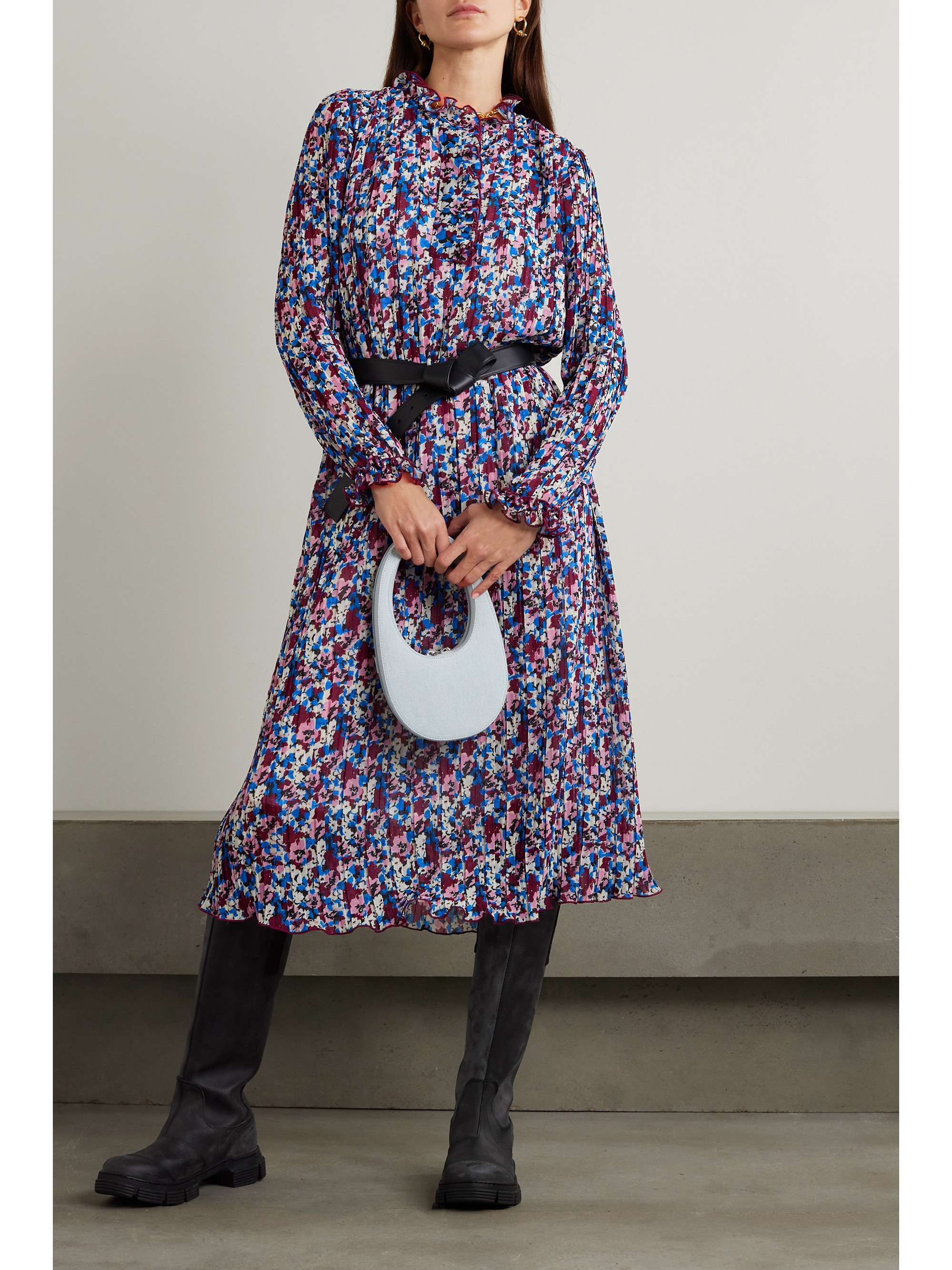 GANNI + NET SUSTAIN ruffled pleated floral-print recycled-georgette midi dress