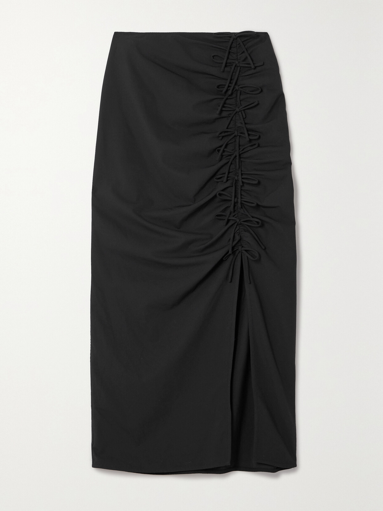 GANNI - Bow-detailed Ruched Woven Midi Skirt - Black