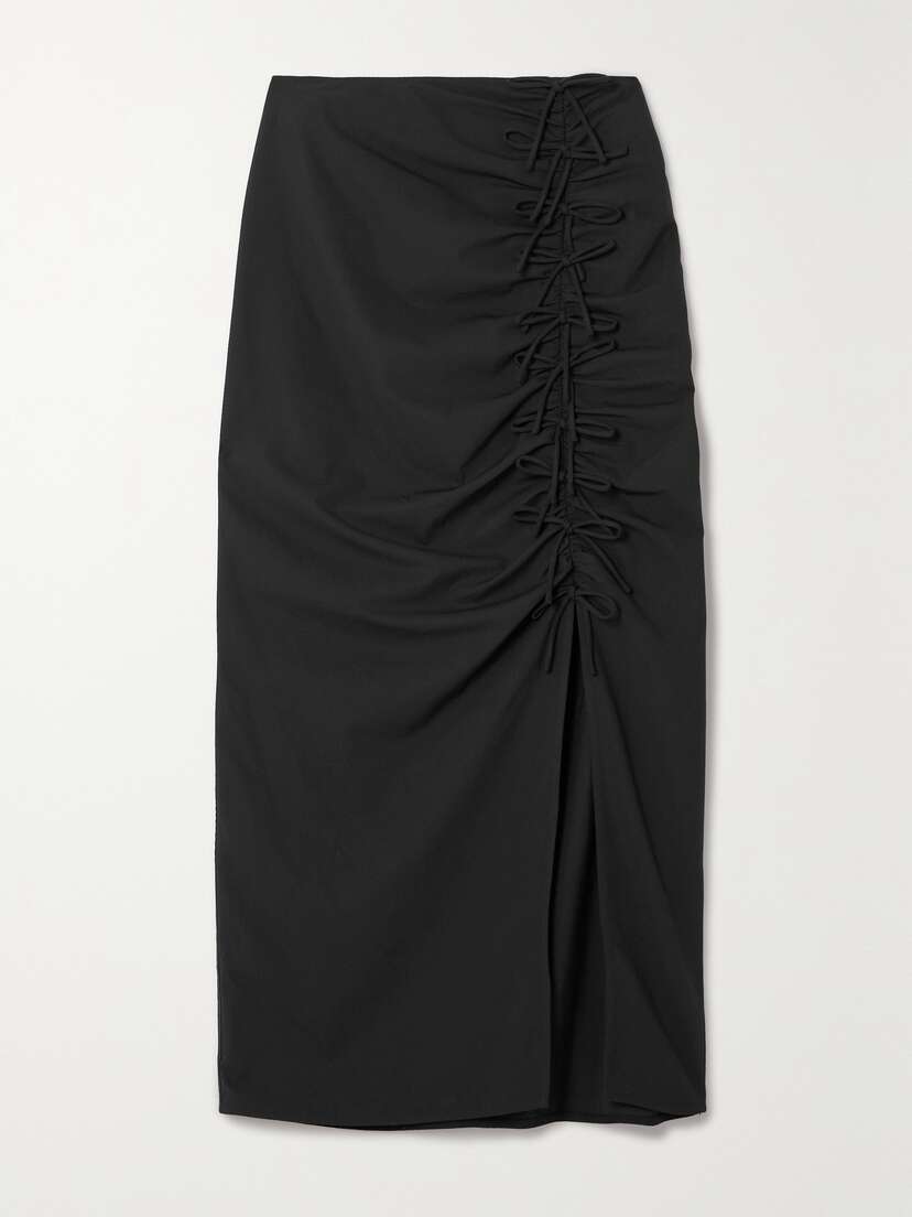 Ganni + Net Sustain Bow-detailed Ruched Woven Midi Skirt