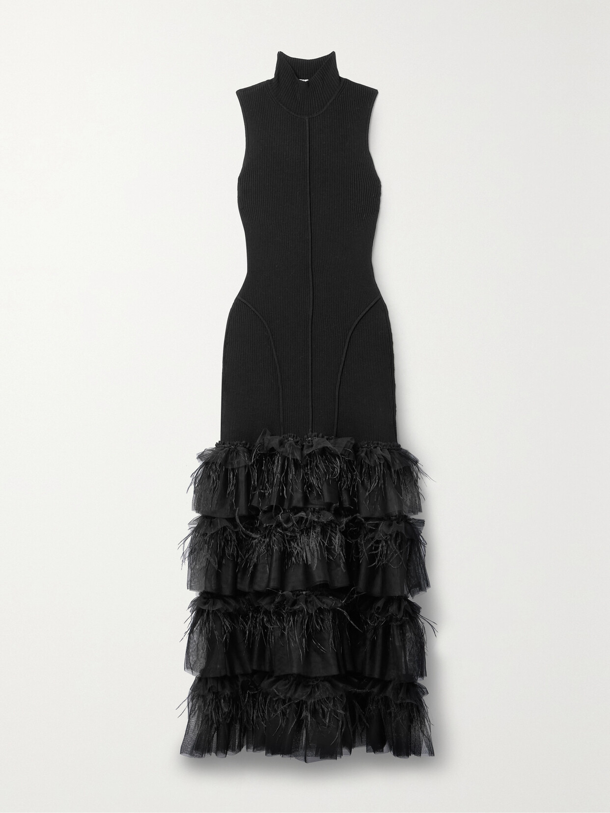 Sea - Misha Feather-trimmed Tulle And Ribbed Wool Maxi Dress - Black
