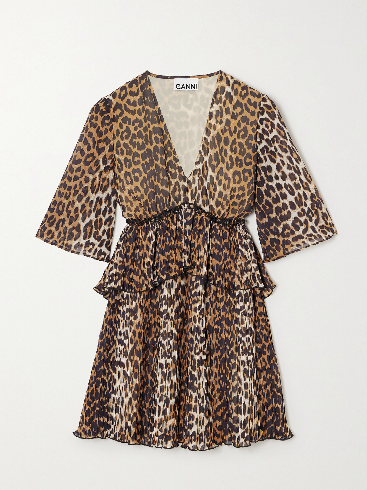 Ganni + Net Sustain Pleated Leopard-print Recycled-georgette Mini Dress In Animal Print