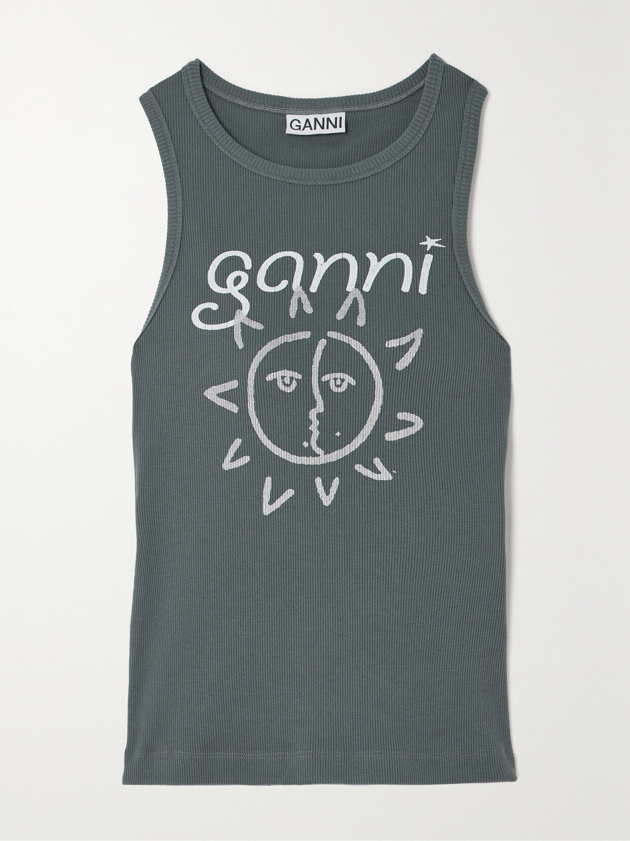 GANNI Printed Ribbed Jersey Tank - Gray