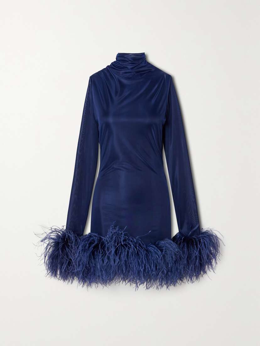 16ARLINGTON Luna Feather-trimmed Stretch-jersey Turtleneck Mini Dress
