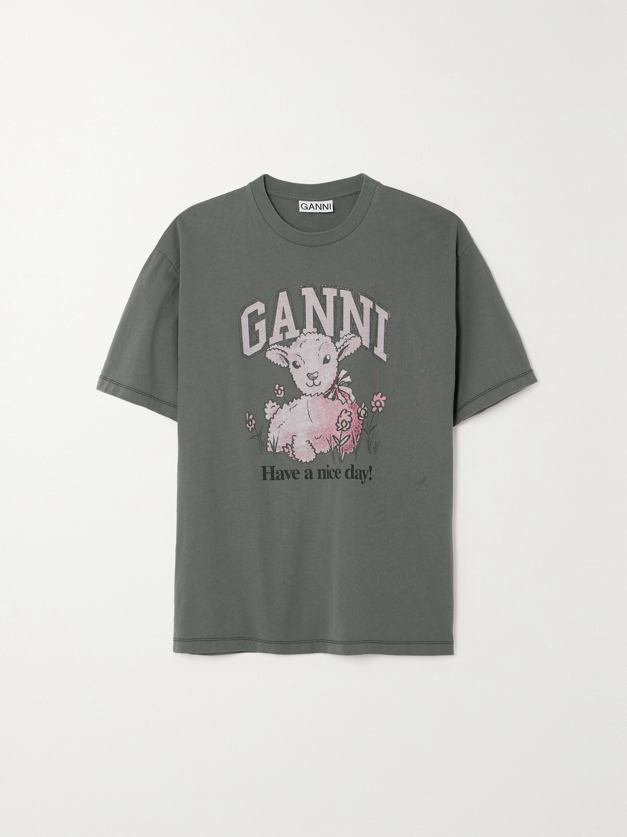 Ganni Printed Recycled And Organic Cotton-jersey T-shirt In Gray