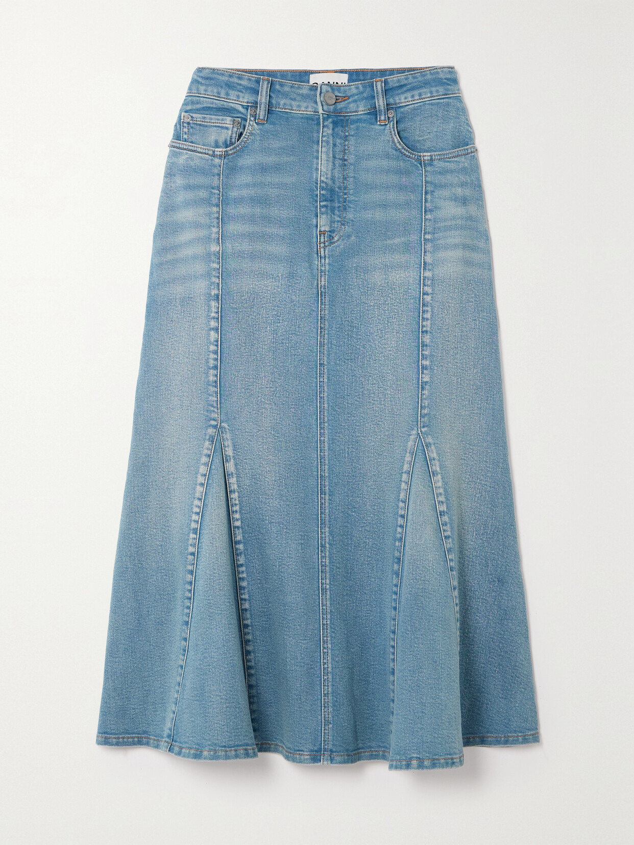 Ganni + Net Sustain Paneled Organic Denim Midi Skirt In Blue