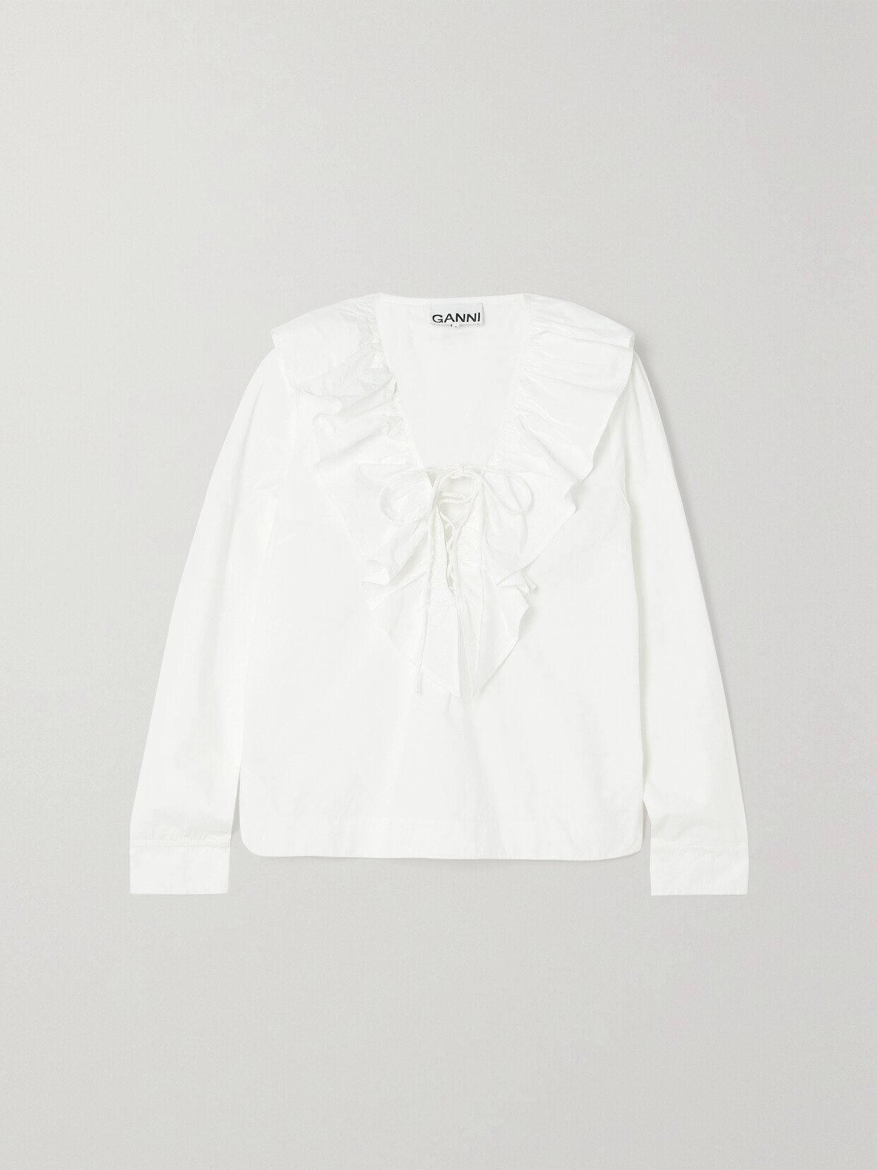 GANNI - + Net Sustain Ruffled Lace-up Organic Cotton-poplin Blouse - White