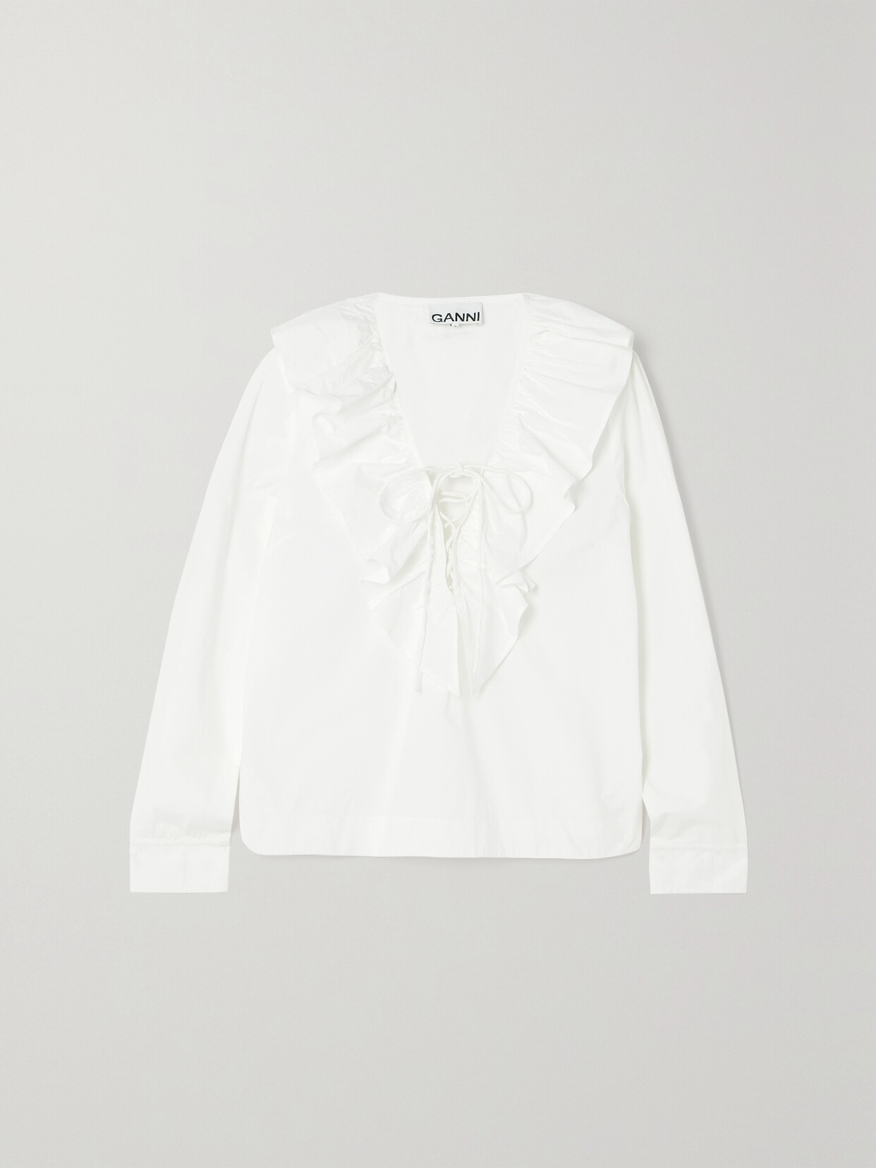 Ganni Ruffled Lace-up Organic Cotton-poplin Blouse In White