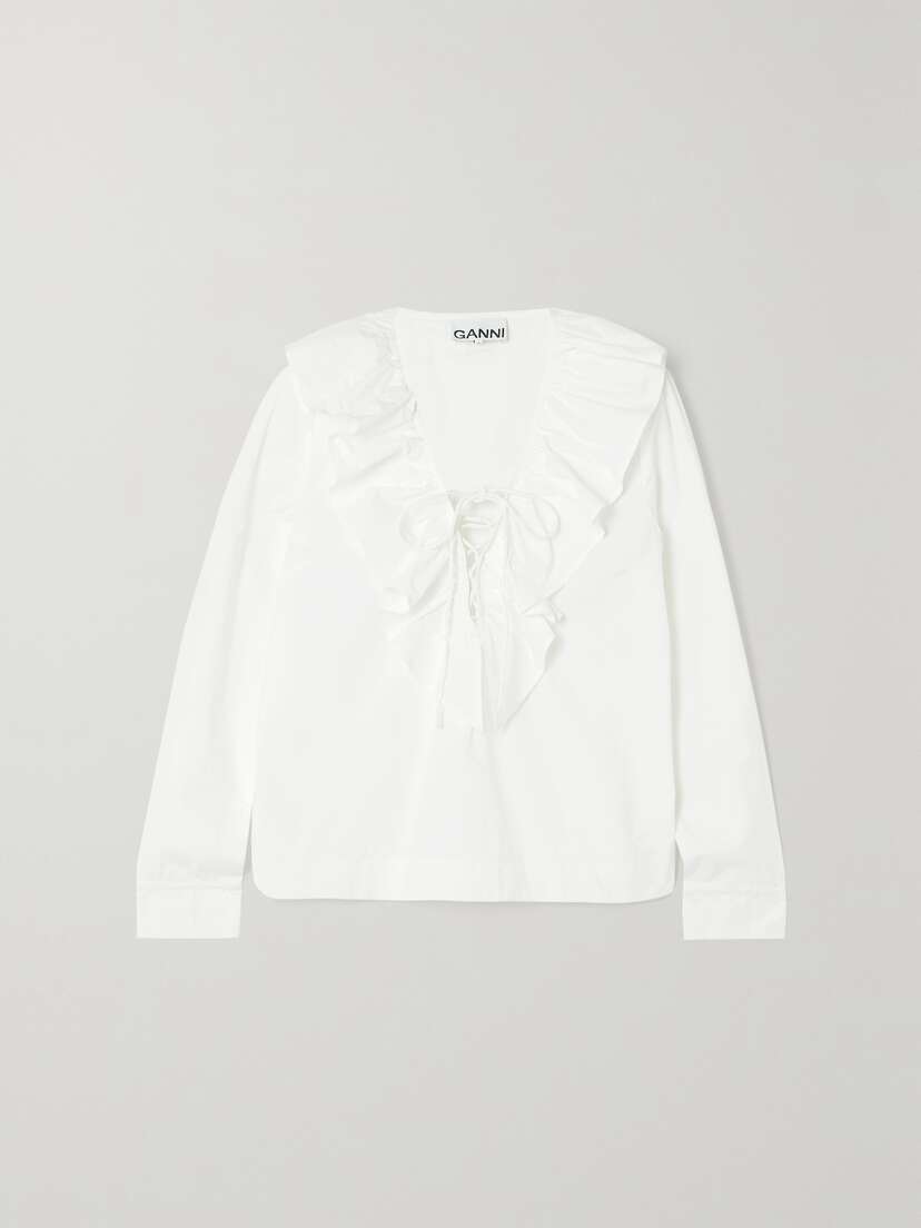 Ganni + Net Sustain Ruffled Lace-up Organic Cotton-poplin Blouse - EU 44