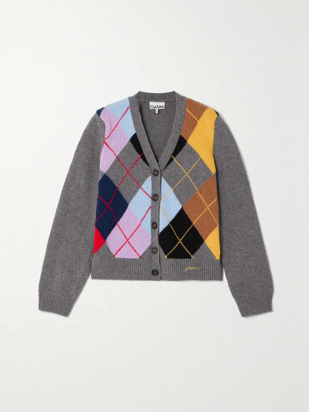 Ganni Harlequin Wool Blend Knit Cardigan In Gray