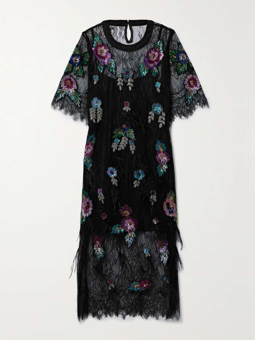 Sea Bethany Feather-trimmed Embellished Lace Midi Dress - x large