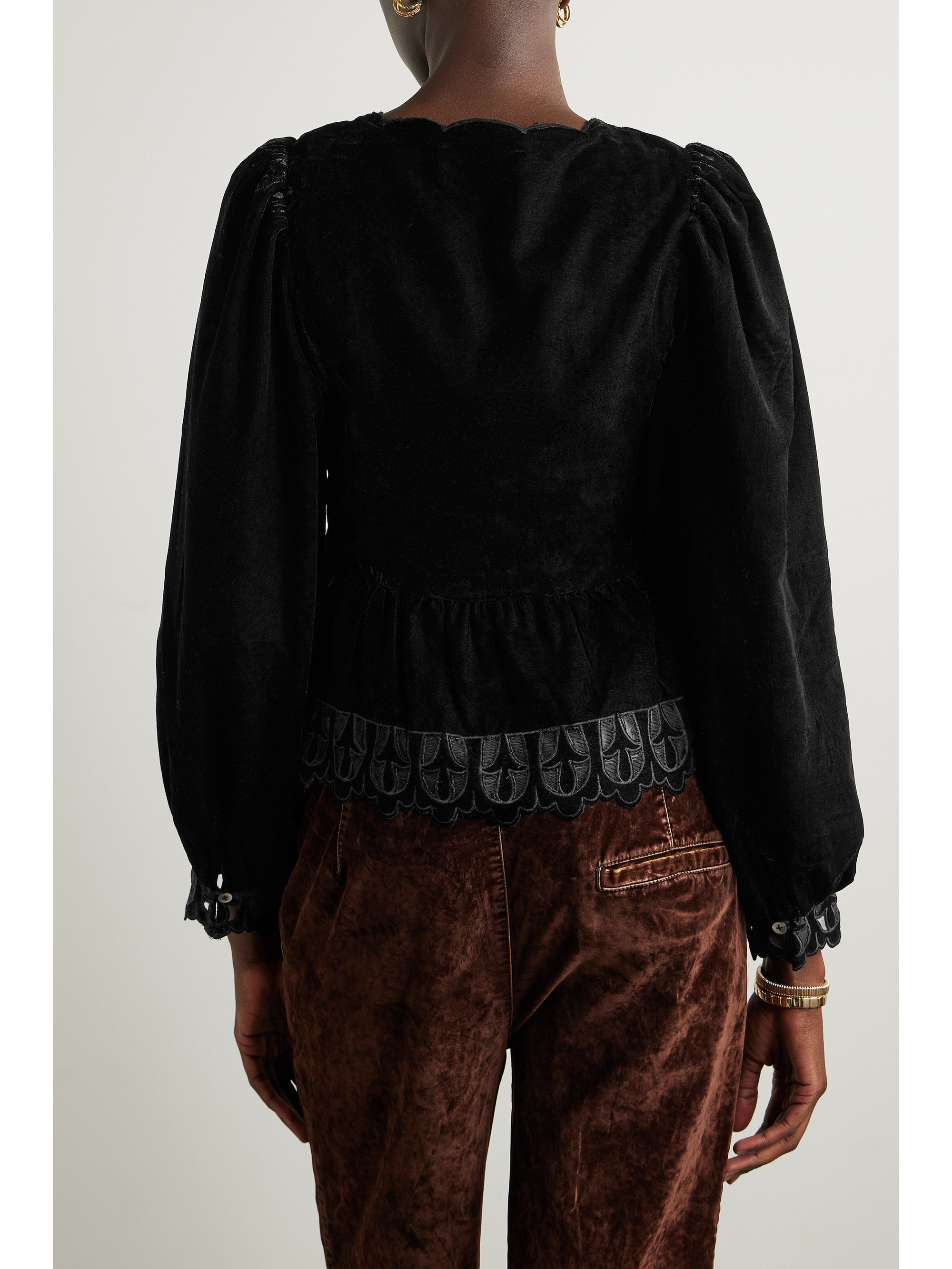 Sea Dana tulle-trimmed embroidered velvet blouse