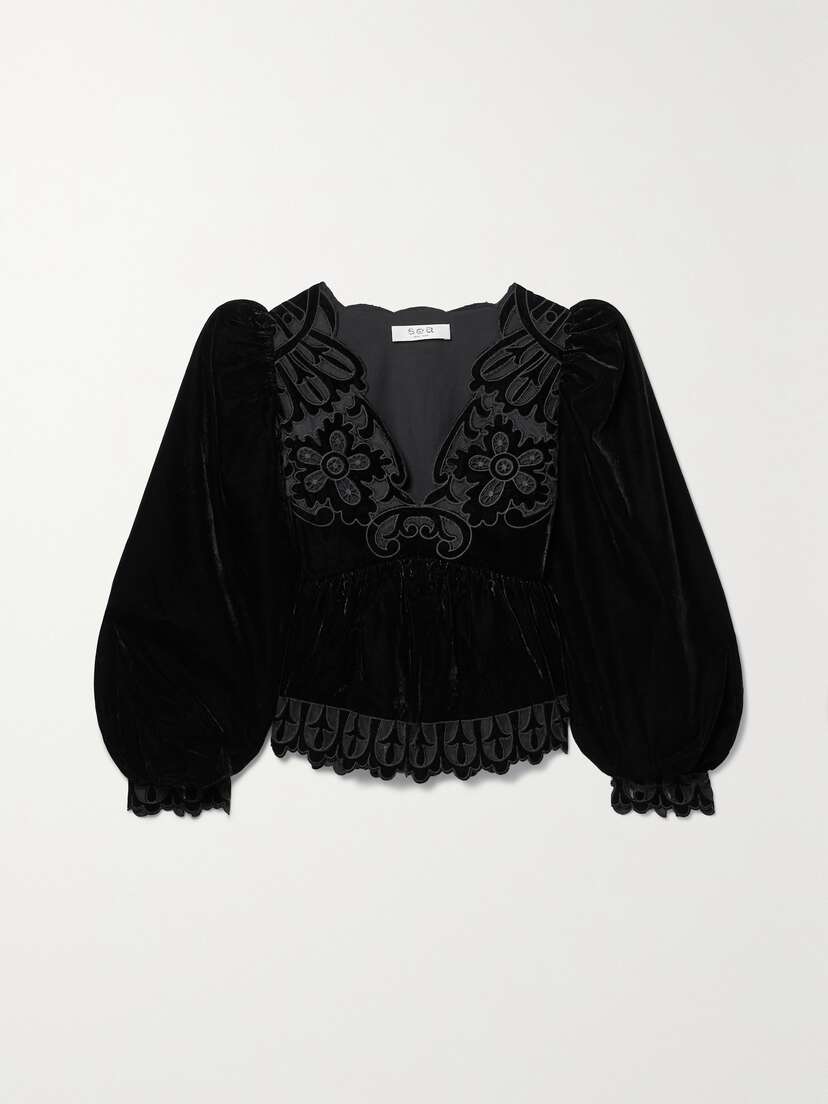 Sea Dana Tulle-trimmed Embroidered Velvet Blouse