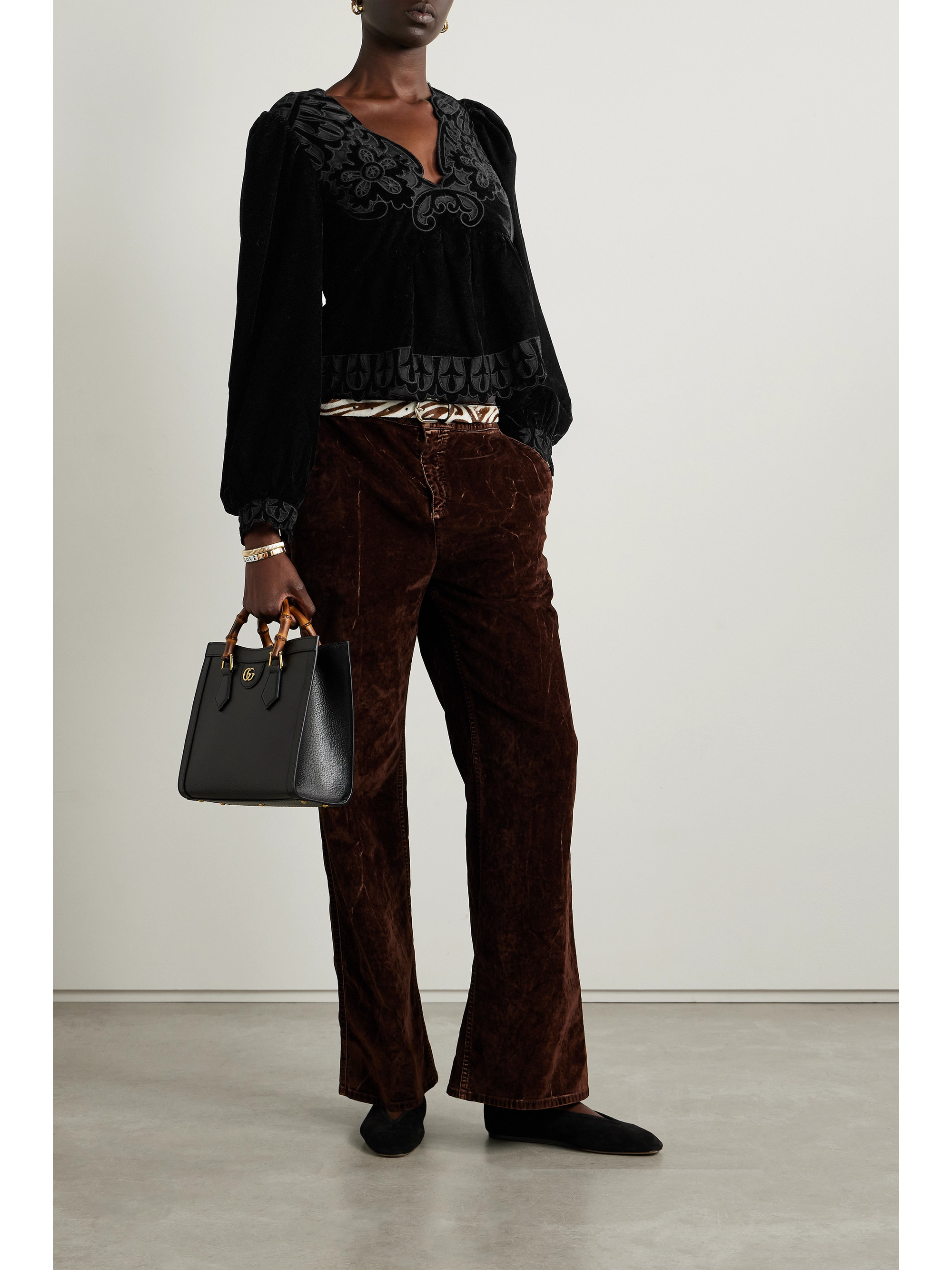 Sea Dana tulle-trimmed embroidered velvet blouse