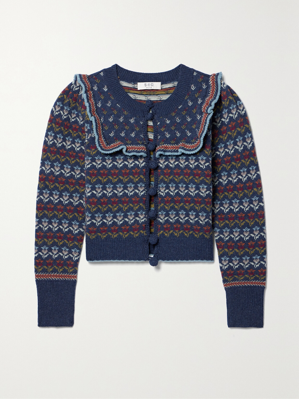 Sea Anna Ruffled Cropped Merino Wool-jacquard Cardigan In Multi