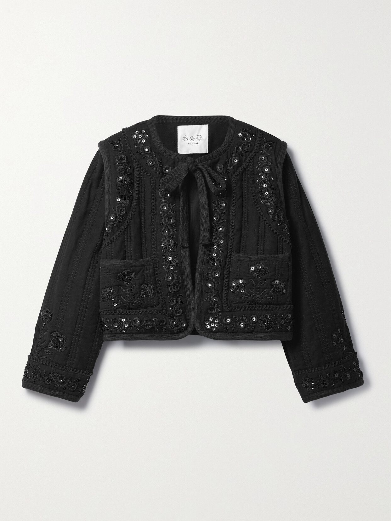 Sea Charlotte Embellished Embroidered Quilted Cotton And Linen-blend Jacket In Black