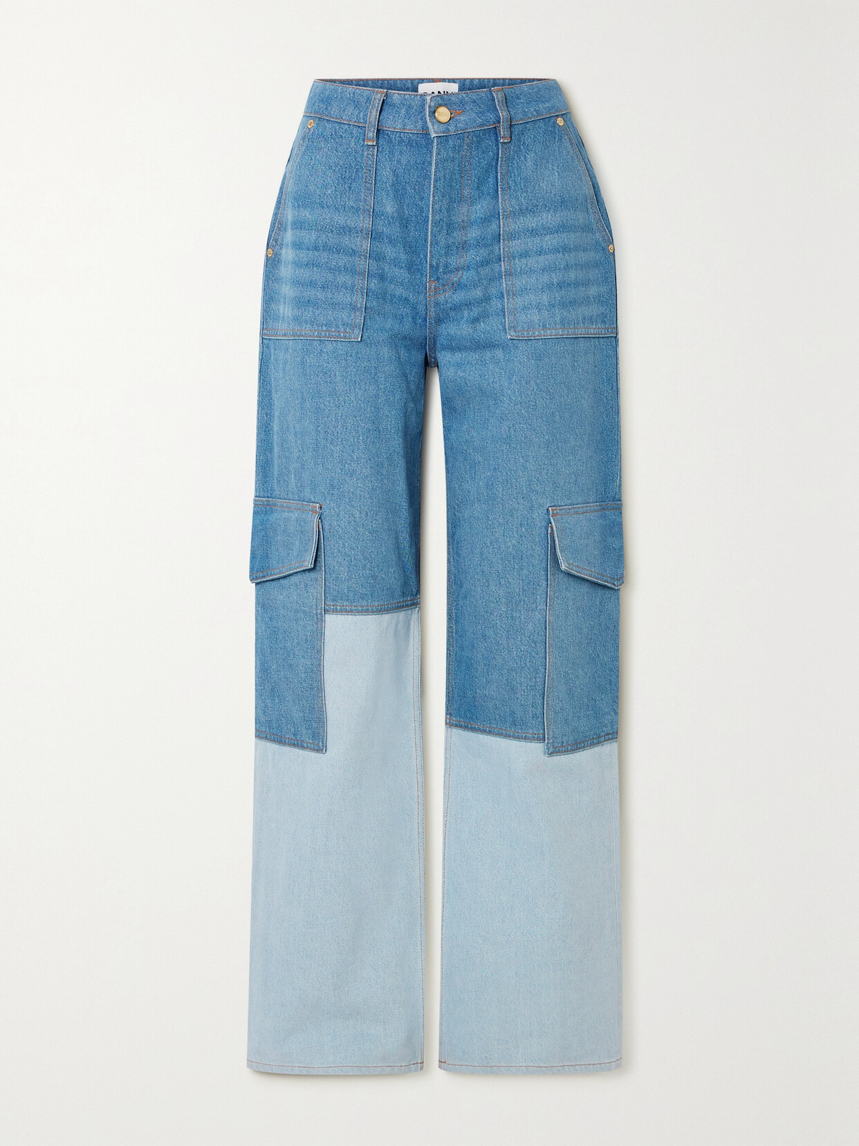 GANNI Angi Two-tone High-rise Wide-leg Organic Jeans - Blue