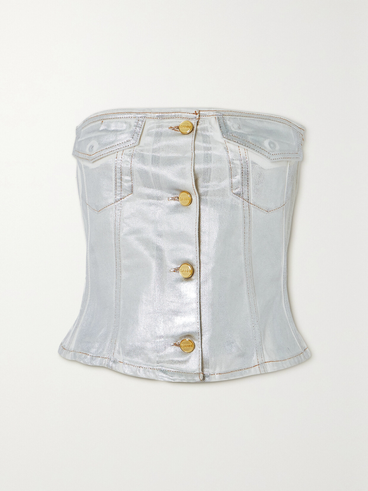 Shop Ganni + Net Sustain Strapless Metallic Organic Denim Bustier Top In White