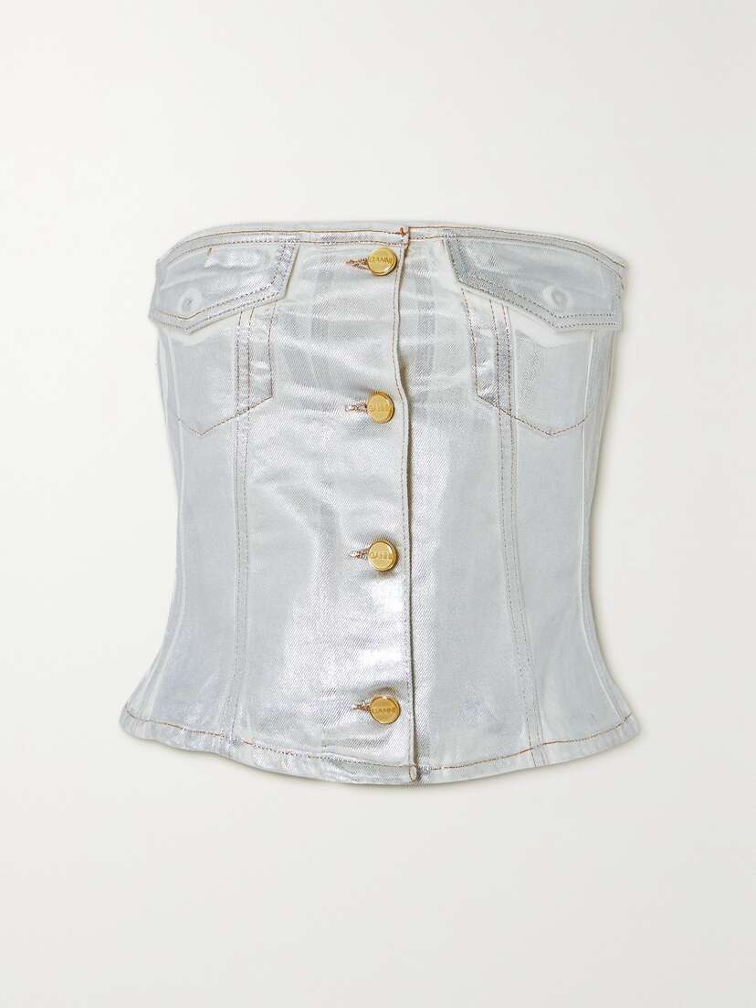 Ganni + Net Sustain Strapless Metallic Organic Denim Bustier Top - EU 44