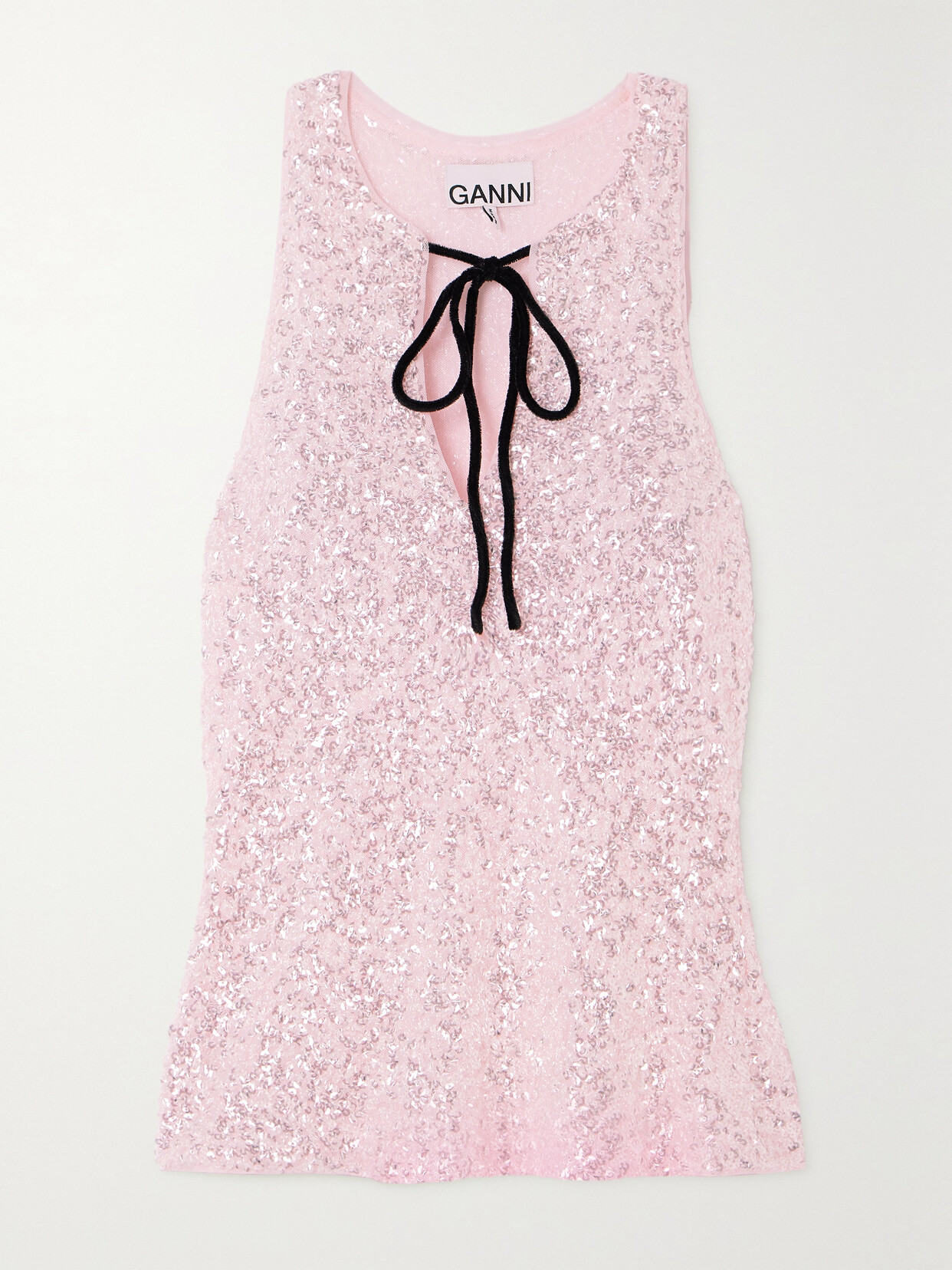 GANNI - Bow-embellished Sequined Recycled-tulle Top - Pink