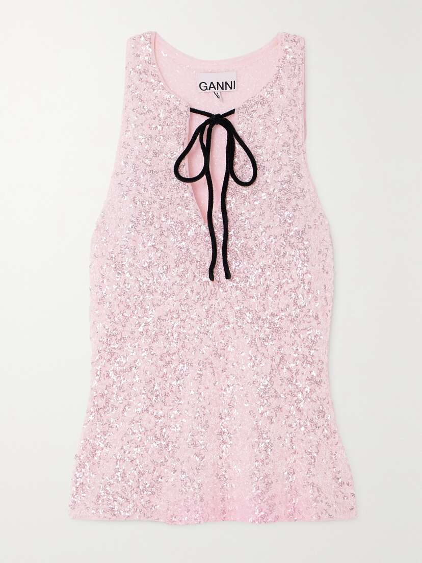 Ganni + Net Sustain Bow-embellished Sequined Recycled-tulle Top - EU 44