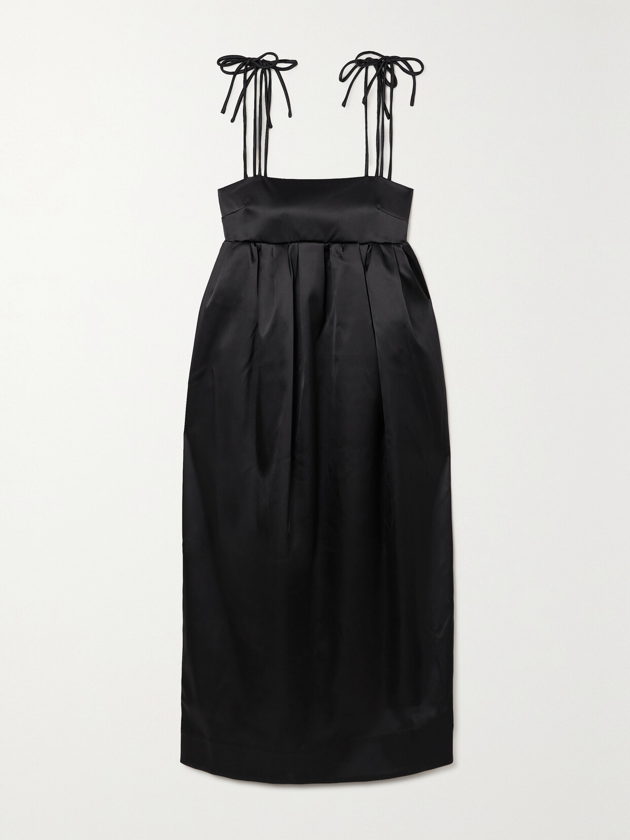 Ganni Tie-detailed Pleated Recycled-satin Midi Dress In Black