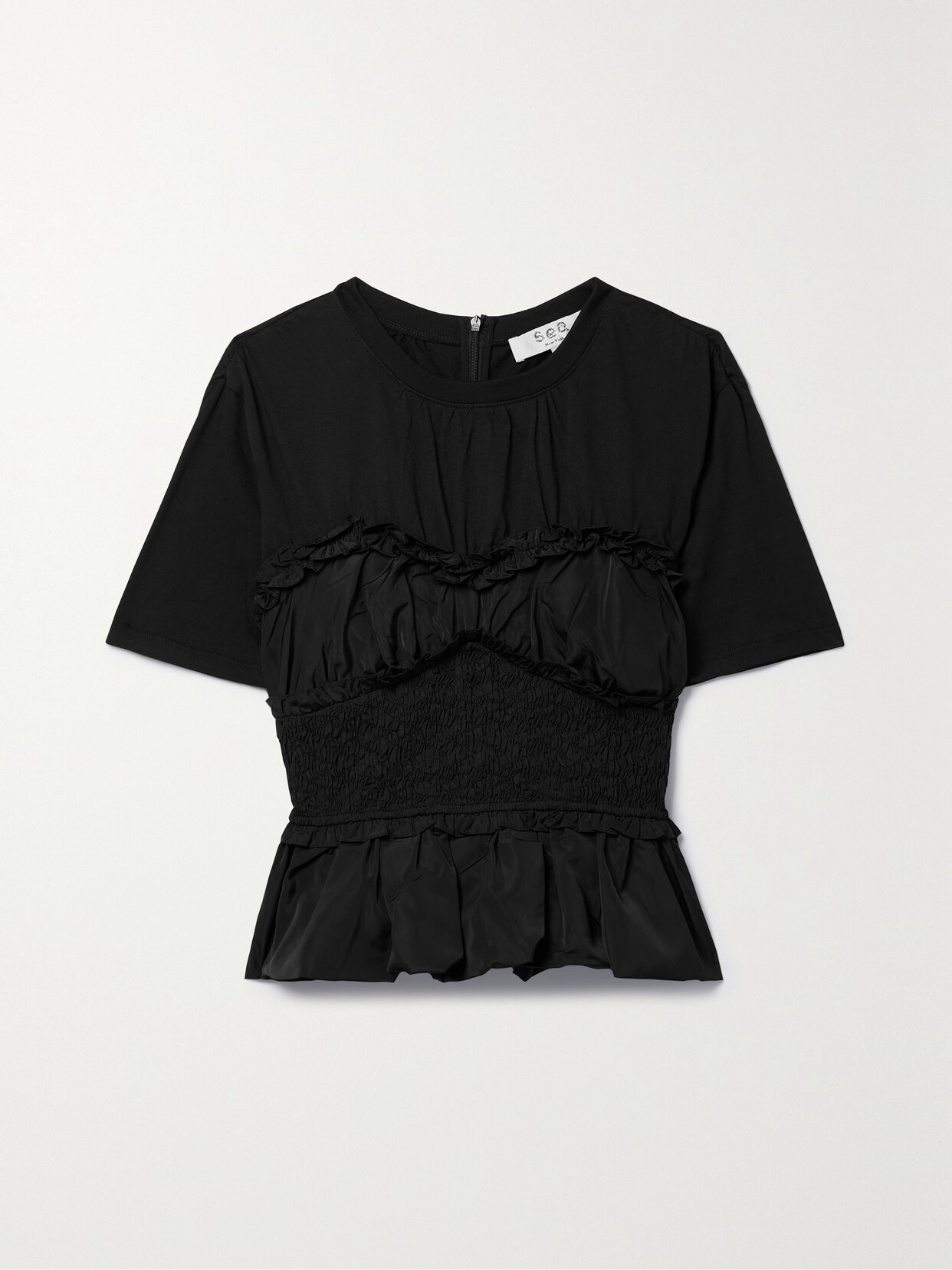 Shop Sea Diana Ruffled Cotton-jersey And Shirred Taffeta Top In Black