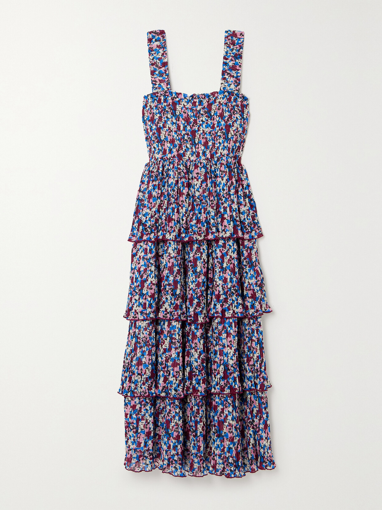 Shop Ganni + Net Sustain Tiered Pleated Floral-print Recycled-georgette Midi Dress In Multi