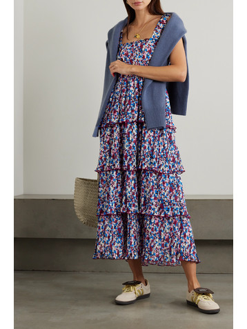 GANNI + NET SUSTAIN tiered pleated floral-print recycled-georgette midi dress