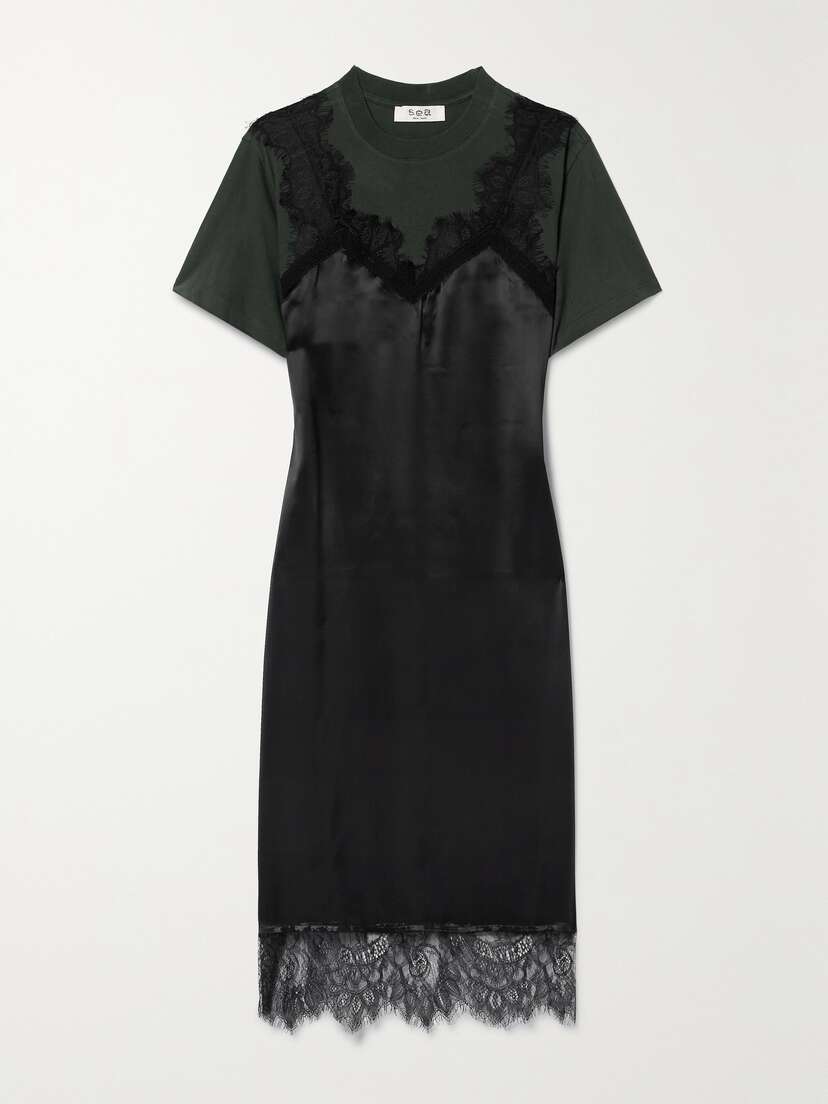 Sea Lorraine Lace-trimmed Silk-satin And Cotton-jersey Midi Dress