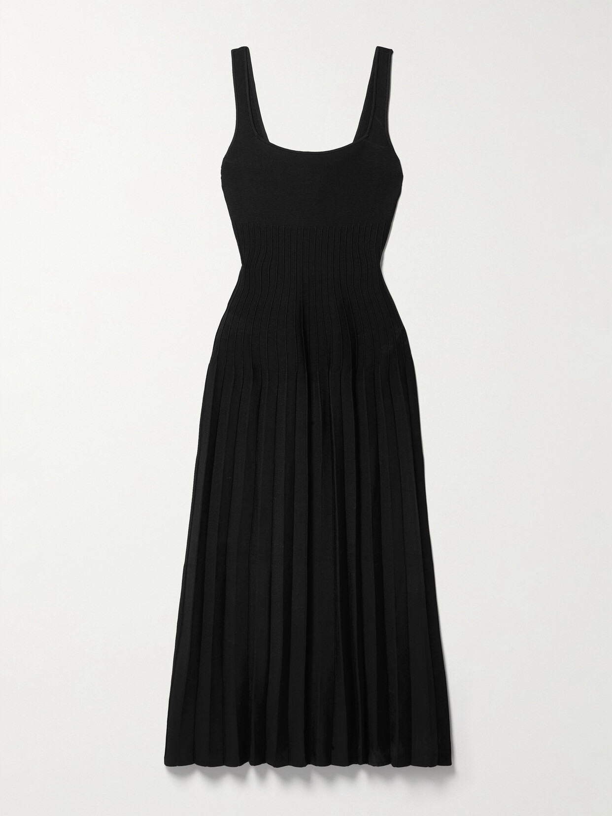 Shop Staud Ellison Pleated Ribbed-knit Midi Dress In Black