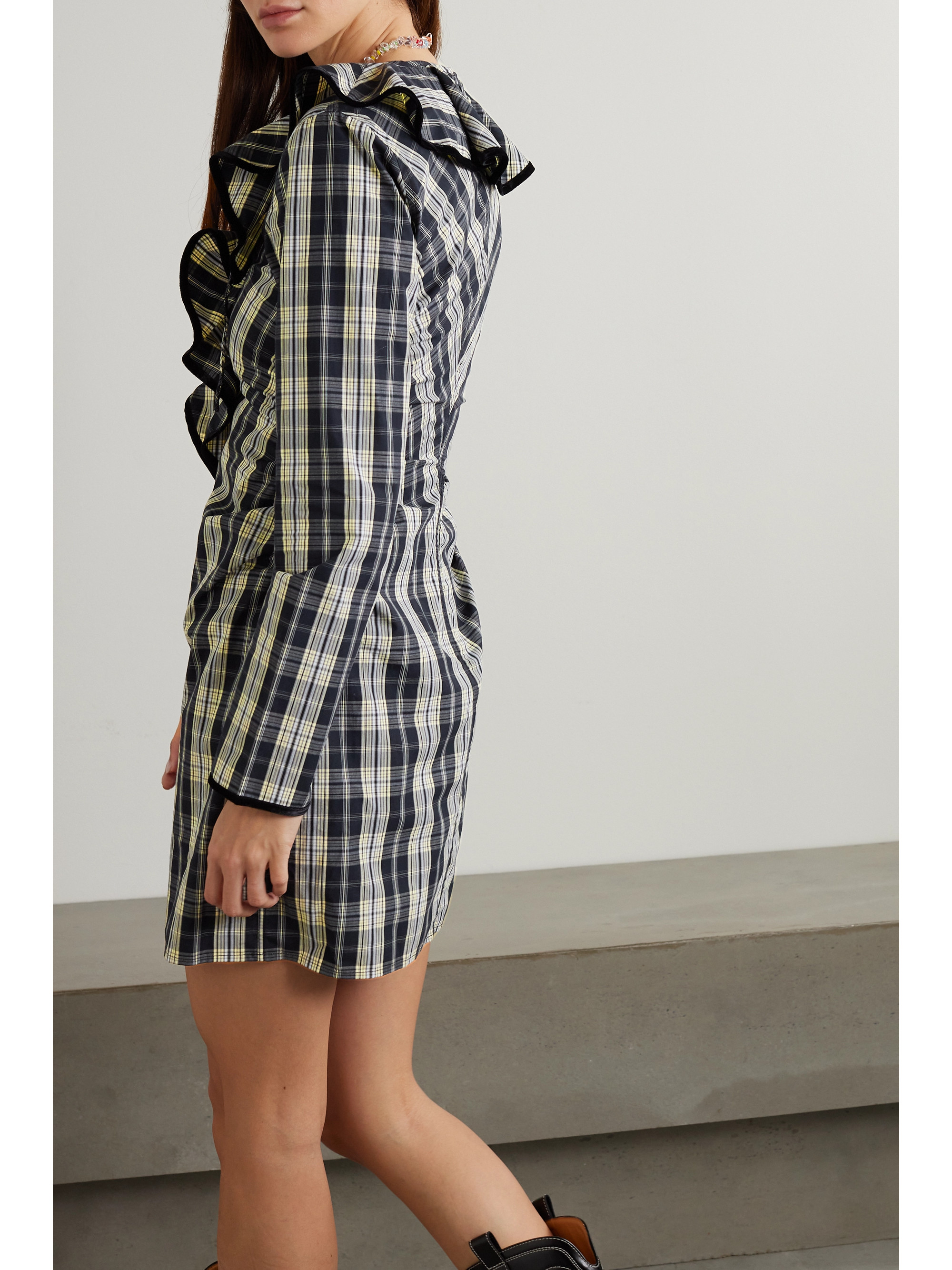 GANNI + NET SUSTAIN velvet-trimmed ruffled organic cotton-poplin mini dress
