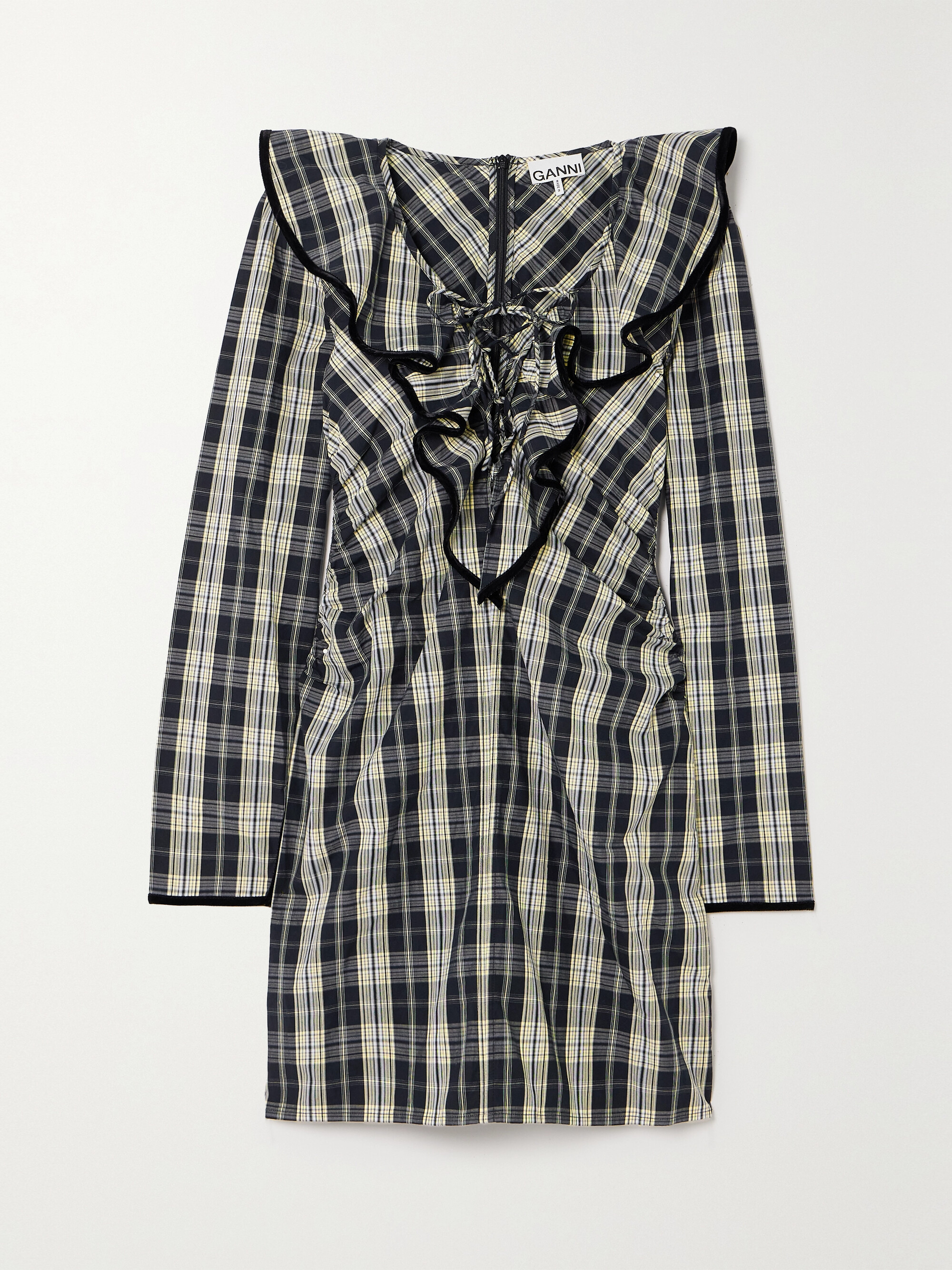GANNI + NET SUSTAIN velvet-trimmed ruffled organic cotton-poplin mini dress