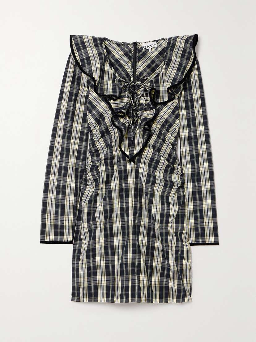 Ganni + Net Sustain Velvet-trimmed Ruffled Organic Cotton-poplin Mini Dress