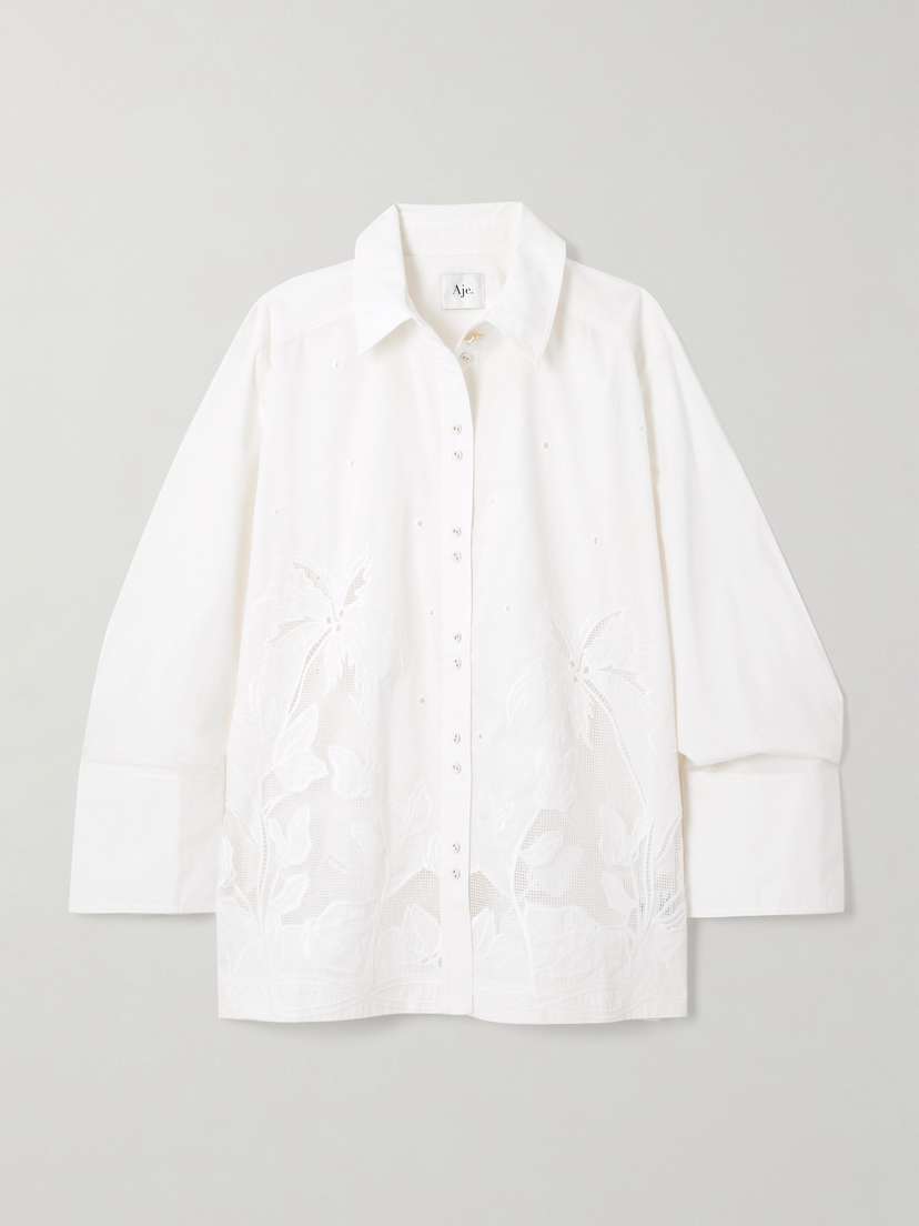 Aje Agua Lace-trimmed Broderie Anglaise Cotton-poplin Shirt - UK 16